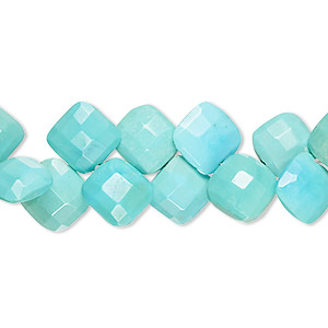 Bead, blue-green turquoise (dyed / stabilized), 8-10mm hand-cut top-drilled checkerboard-faceted puffed diamond, B grade, Mohs hardness 5 to 6. Sold per 8-inch strand, approximately 45 beads.