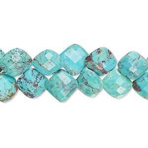 Bead, blue-green turquoise (dyed / stabilized), 8-10mm hand-cut top-drilled checkerboard-faceted puffed diamond, C grade, Mohs hardness 5 to 6. Sold per 8-inch strand, approximately 45 beads.