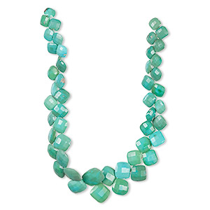 Bead, turquoise (dyed / stabilized), blue-green, 7-12mm graduated hand-cut top-drilled checkerboard-faceted puffed diamond, B- grade, Mohs hardness 5 to 6. Sold per 8-inch strand, approximately 45 beads.