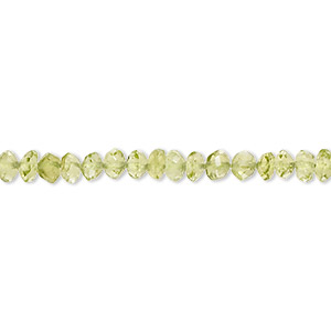 Bead, peridot (natural), 3x1mm-5x4mm hand-cut faceted rondelle, B- grade, Mohs hardness 6-1/2 to 7. Sold per 13-inch strand, approximately 90 beads.