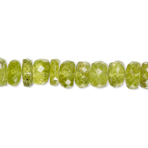 Bead, peridot (natural), 8x2mm-9x6mm hand-cut faceted rondelle, C+ grade, Mohs hardness 6-1/2 to 7. Sold per 14-inch strand, approximately 80 beads.