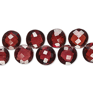 Bead, garnet (natural), 8-9mm hand-cut top-drilled checkerboard-faceted puffed flat round, B+ grade, Mohs hardness 7 to 7-1/2. Sold per 8-inch strand, approximately 40 beads.