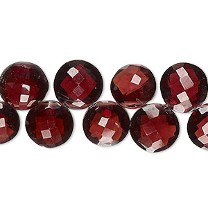 Bead, garnet (natural), 9-11mm hand-cut top-drilled checkerboard-faceted puffed flat round, B+ grade, Mohs hardness 7 to 7-1/2. Sold per 8-inch strand, approximately 35 beads.