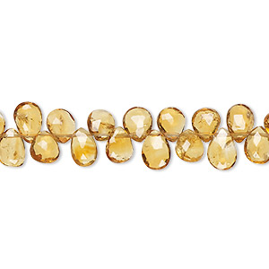 Bead, golden citrine (heated), 6x4mm-8x5mm hand-cut top-drilled faceted puffed teardrop, B+ grade, Mohs hardness 7. Sold per 8-inch strand, approximately 65 beads.