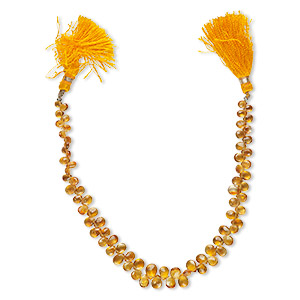 Bead, golden citrine (heated), 5x3mm-9x6mm graduated hand-cut top-drilled faceted puffed teardrop, B+ grade, Mohs hardness 7. Sold per 8-inch strand, approximately 75 beads.