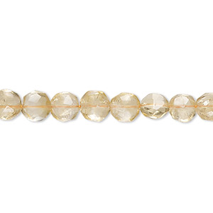 Bead, citrine (heated), light to medium, 5-6mm hand-cut faceted puffed, C grade, Mohs hardness 7. Sold per 14-inch strand.