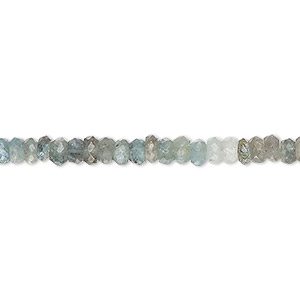 Bead, moss aquamarine (heated), shaded, 4x2mm-5x3mm hand-cut faceted rondelle, B grade, Mohs hardness 7-1/2 to 8. Sold per 13-inch strand, approximately 150 beads.