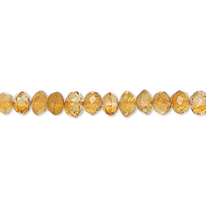 Bead, golden citrine (heated), 5x3mm-6x5mm hand-cut tumbled faceted rondelle and saucer, B- grade, Mohs hardness 7. Sold per 14-inch strand, approximately 90 beads.