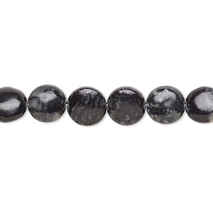 Bead, Picasso serpentine (natural), 8mm puffed flat round, C grade, Mohs hardness 2-1/2 to 6. Sold per 15-inch strand.