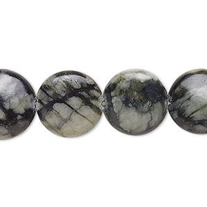 Bead, Picasso serpentine (natural), 14mm puffed flat round, B- grade, Mohs hardness 2-1/2 to 6. Sold per 15-inch strand.