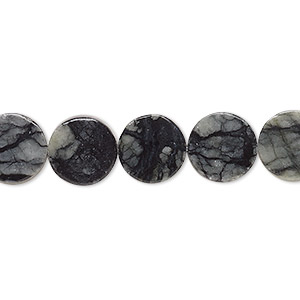 Bead, Picasso serpentine (natural), 10mm flat round, B- grade, Mohs hardness 2-1/2 to 6. Sold per 15-inch strand.