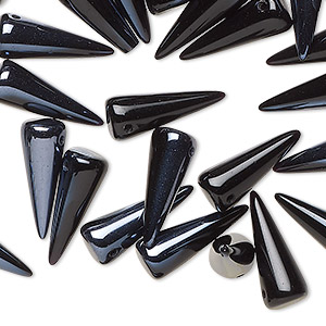 Bead, Preciosa, Czech pressed glass, opaque black and metallic blue, 17x7mm top-drilled spike. Sold per pkg of 30.