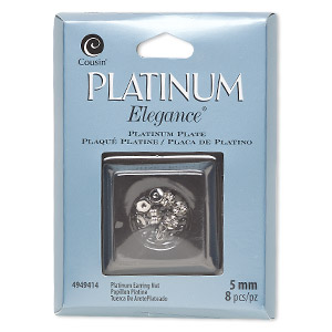 Earnut, platinum-plated copper, 5mm. Sold per pkg of 4 pairs.