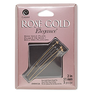 Head pin, rose gold-plated copper and lacquer, 2 inches with 4mm flower, 23-gauge. Sold per pkg of 3.