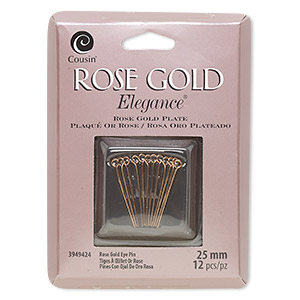 Eye pin, rose gold-plated copper and lacquer, 1 inch, 23-gauge. Sold per pkg of 12.