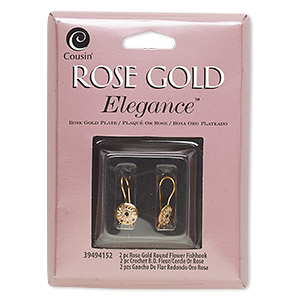 Ear wire, rose gold-plated sterling silver, 11mm fishhook with