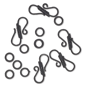Clasp, S-hook, black-finished brass, 24x10.5mm textured with (10) 7mm jump rings. Sold per pkg of 5.