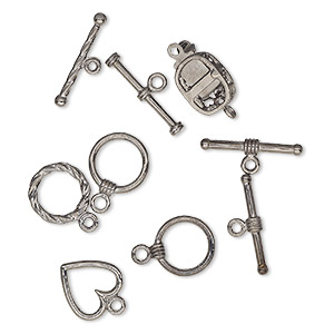 Clasp, toggle and tab, gunmetal-finished brass, assorted sizes. Sold per pkg of 5.