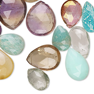 Bead, multi-gemstone (natural / dyed / heated / coated), 16x11mm-27x19mm hand-cut top-drilled faceted puffed teardrop, Mohs hardness 3 to 7. Sold per 2-ounce pkg.