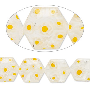 Bead, millefiori glass, yellow and white, 12-13mm puffed hexagon with flower design. Sold per 14-inch strand.