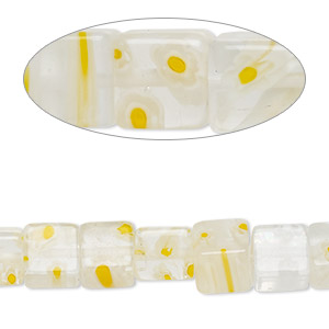Bead, millefiori glass, clear, golden yellow and white, 7-9mm cube with flower and stripe design. Sold per 14-inch strand.