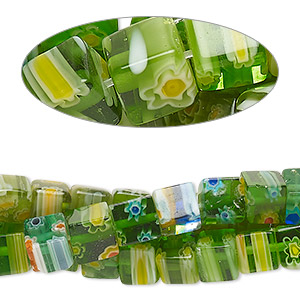 Bead, millefiori glass, translucent green and multicolored, 5-7mm cube with flower and stripe design. Sold per package of (3) 14-inch strands.