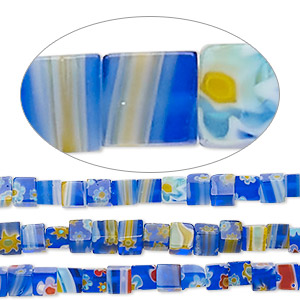 Bead, millefiori glass, translucent blue and multicolored, 4mm cube with flower design. Sold per pkg of (3) 14-inch strands.