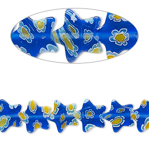 Bead, millefiori glass, translucent cobalt blue and multicolored, 9-11mm flat star with flower and stripe design. Sold per 14-inch strand.