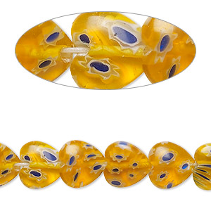 Bead, millefiori glass, translucent golden orange / blue / white, 9mm-11x10mm puffed heart. Sold per 14-inch strand.