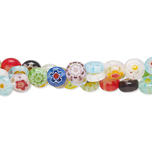 Bead, millefiori glass, opaque and translucent multicolored, 5-7mm puffed flat round. Sold per pkg of (3) 14-inch strands.