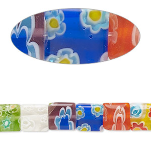 Bead, millefiori glass, opaque and translucent multicolored, 7mm-9x8mm puffed square with flower design. Sold per 14-inch strand.