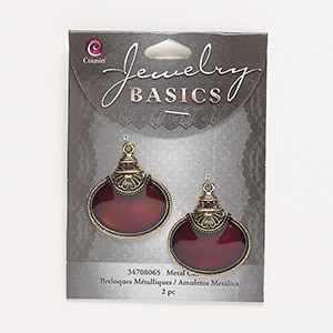 Focal, antique gold-finished &quot;pewter&quot; (zinc-based alloy) / acrylic / glass, burgundy and purple, 30x29mm single-sided fancy oval with beaded edge. Sold per pkg of 2.