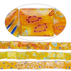 Bead, millefiori glass, translucent yellow / orange / multicolored, 10x8mm puffed rectangle with flower design. Sold per pkg of (3) 14-inch strands.