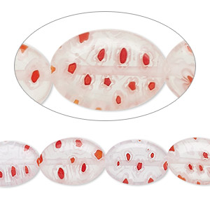 Bead, millefiori glass, transparent clear / red / white, 14x10mm puffed oval with flower design. Sold per 14-inch strand.