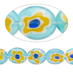 Bead, millefiori glass, translucent multicolored, 12x10mm puffed oval with flower design. Sold per 14-inch strand.