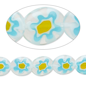 Bead, millefiori glass, translucent light blue / yellow / white / clear, 12x10mm puffed oval with flower design. Sold per 14-inch strand.