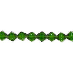 Bead, glass, transparent green, 6mm faceted bicone. Sold per 14-inch strand.