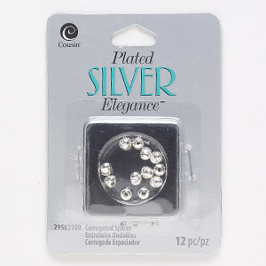 Bead, lacquer and silver-plated brass, 5mm corrugated round. Sold per pkg of 12.