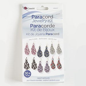 Paracord earring kit, nylon / glass / gold- / silver-finished steel, multicolored. Sold per set.