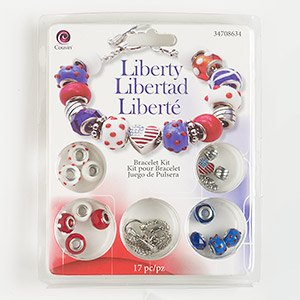 Bracelet kit, glass / silver-finished brass / steel / enamel, red / white / blue, 7-1/2 inches with liberty theme. Sold per set.