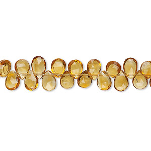 Bead, golden citrine (heated), 5x4mm-7x5mm hand-cut top-drilled faceted puffed teardrop, B grade, Mohs hardness 7. Sold per 8-inch strand, approximately 65 beads.