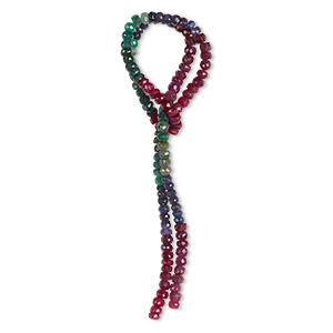 Bead, ruby / blue sapphire / emerald (dyed/heated/oiled), 4x2m-5x3mm hand-cut faceted rondelle, C+ grade, Mohs hardness 9. Sold per 13-inch strand, approximately 120 beads.