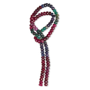 Bead, ruby / blue sapphire / emerald (dyed/heated/oiled), 5x3mm-6x4mm hand-cut faceted rondelle, C+ grade, Mohs hardness 9. Sold per 13-inch strand, approximately 100 beads.