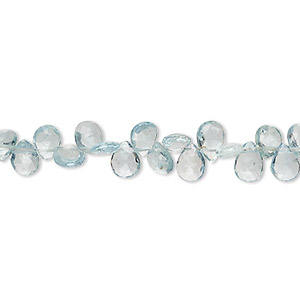 Bead, aquamarine (heated), 6x4mm-7x5mm hand-cut top-drilled faceted puffed teardrop, B- grade, Mohs hardness 7-1/2 to 8. Sold per 8-inch strand, approximately 65 beads.
