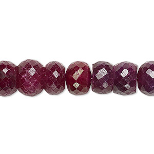 Bead, Indian ruby (dyed/heated), 10x6mm-10x7mm hand-cut micro-faceted rondelle, C+ grade, Mohs hardness 9. Sold per 8-inch strand, approximately 25 beads.