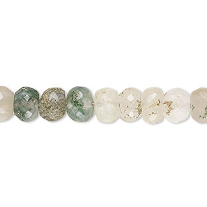 Bead, moss agate (natural), 8x5mm hand-cut faceted rondelle, B grade, Mohs hardness 6-1/2 to 7. Sold per 14-inch strand, approximately 65 beads.