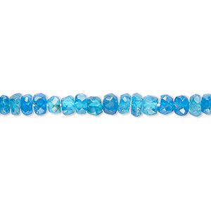 Bead, neon blue apatite (natural), 4x2mm-5x4mm hand-cut faceted rondelle, B grade, Mohs hardness 5. Sold per 13-inch strand, approximately 120 beads.