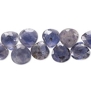 Bead, iolite (natural), medium to dark, 9-10mm hand-cut faceted puffed teardrop, B- grade, Mohs hardness 7 to 7-1/2. Sold per 8-inch strand, approximately 35 beads.
