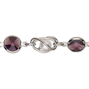 Chain, VINTAGE Crystal&#153;, imitation rhodium-plated brass and crystal, amethyst and white, 9mm round pearl and rivoli link. Sold per pkg of 1 meter.