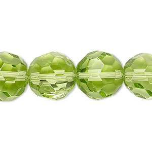 Bead, glass, transparent light spring green, 13-14mm faceted round